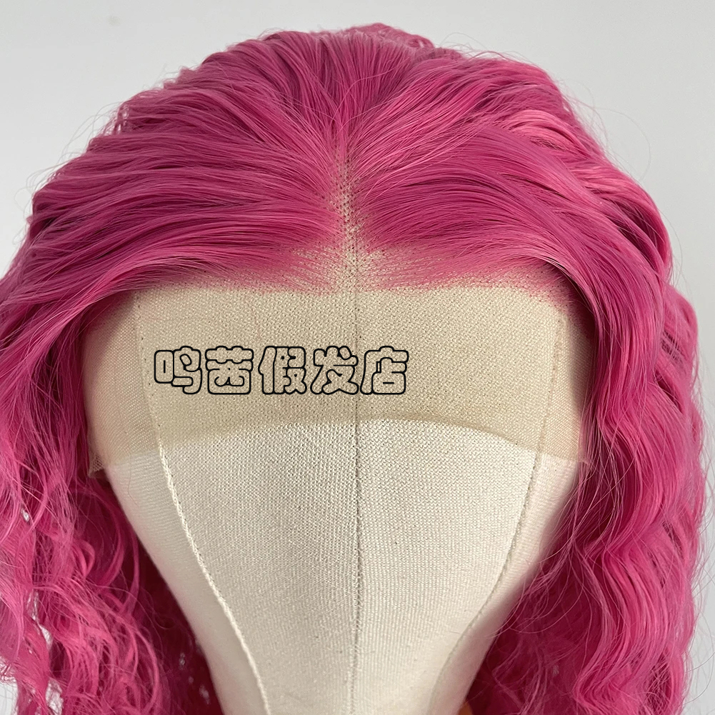 小卷粉色女士前蕾丝手勾化纤整顶假发全头套女高温丝lace wigs - 图1