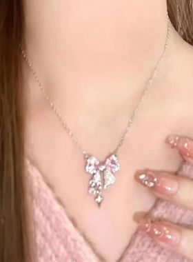 Sweet Pink Bow Necklace Ladies Fashion Sparkling Rhinestone