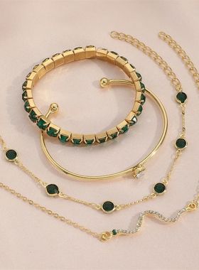 4Pcs/Set Fashion Snake Green Gemstone Bangle Rhinestone