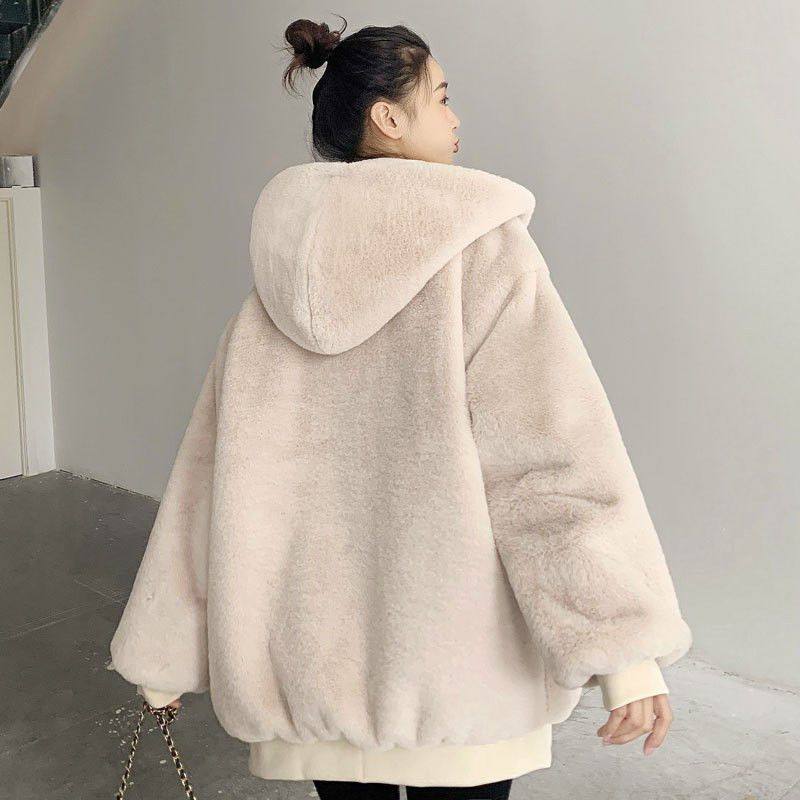 2025秋冬韩版宽松毛绒外套女装仿獭兔毛皮草中长款加厚连帽大衣 - 图0