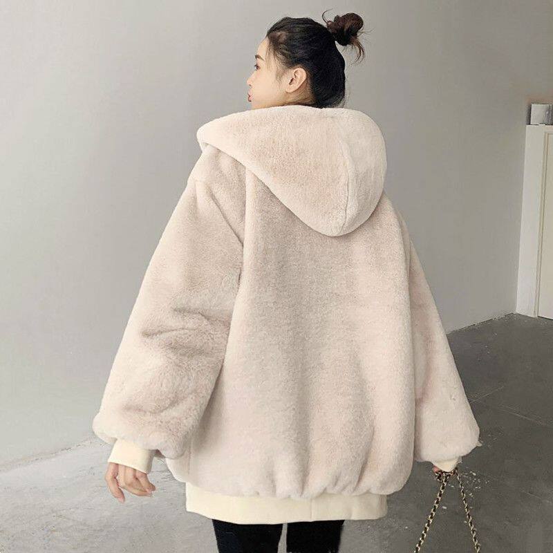 2025秋冬韩版宽松毛绒外套女装仿獭兔毛皮草中长款加厚连帽大衣 - 图2
