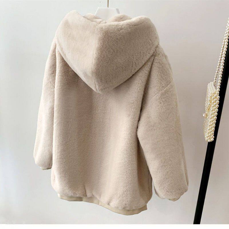 2025秋冬韩版宽松毛绒外套女装仿獭兔毛皮草中长款加厚连帽大衣 - 图1