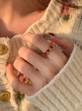 新年开运2023年小众设计感新款红色滴油小花戒指女ins风开口