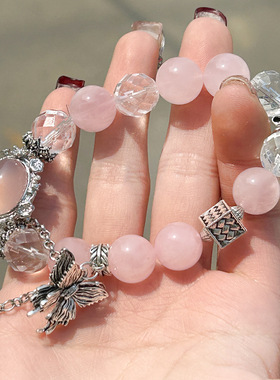 原创设计原创天然粉晶魔盒手链粉水晶手串切面白水晶保色蝴蝶配饰