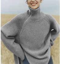 Big cousin Liu Wen the same style with high collars cashmere sweater Lazy Wind Side Zipped Loose Wool Needle Weaselwear Thicken Sweater