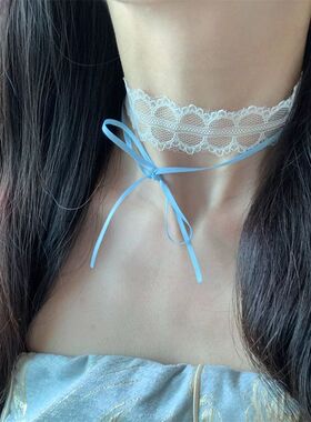 甜酷辣妹蓝色蝴蝶结蕾丝绑带项链叠戴锁骨链复古设计颈链