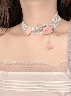 超仙玫瑰花蕾丝颈带海边度假风氛围感花朵项链女锁骨链脖颈链配饰