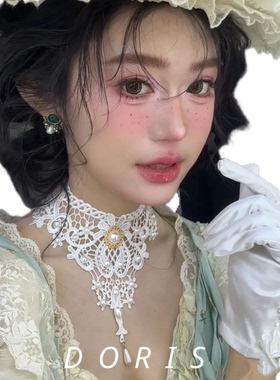 复古宫廷风珍珠颈带纯欲风白色蕾丝花朵流苏项链甜美洛丽塔锁骨链