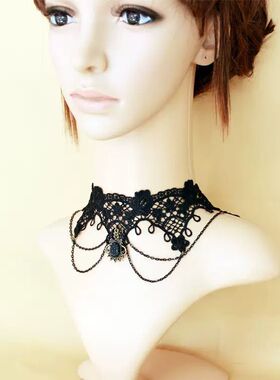 暗黑黑色万圣节复古项圈宫廷蕾丝项链洛丽塔颈链锁骨choker链条