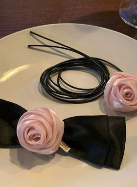 粉色玫瑰choker发夹女轻奢小众项链女设计感高级发卡发饰头饰颈链