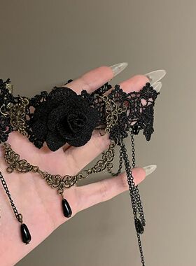 黑色蕾丝脖子配饰装饰项链女项圈流苏吊坠玫瑰花颈带choker暗黑系