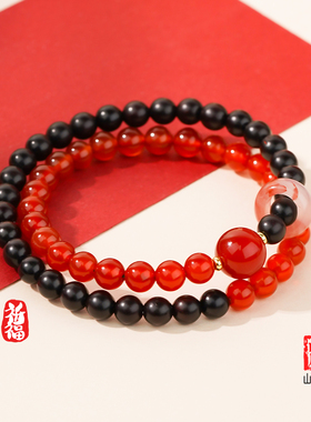 天然红玛瑙小叶紫檀双圈手链马年红绳红色玉髓五行补火宝石本命年