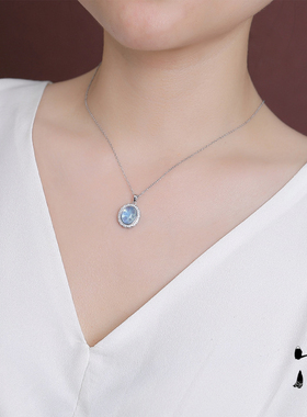 天然海蓝宝蛋面纯银项链