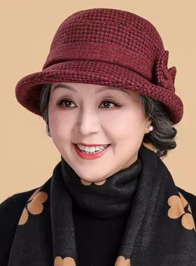 女士新款帽子女秋冬季礼帽毛呢盆帽中年老人帽子妈妈帽洋气渔夫帽