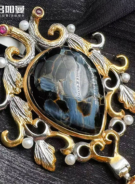 吕如曼银S925精工镶嵌高档蜜蜡彼得石石榴石高贵生日礼物珍珠项坠