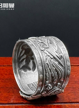 吕如曼足银999凤凰福蝶戒指男女士国风做旧复古风非遗錾刻纯银