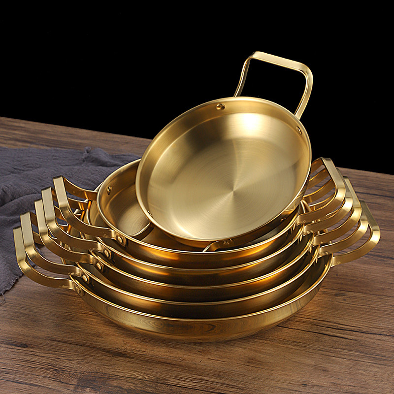 韩式不锈钢干锅海鲜锅部队火锅金色平底浅锅菜盘商用双耳锅电磁炉,淘宝优惠券,粉丝福利购,淘宝优惠卷