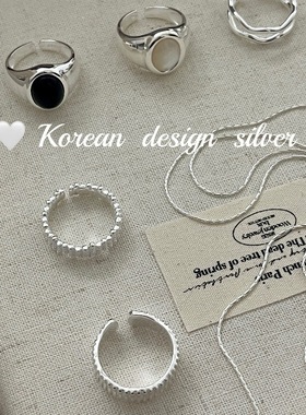 韩国亮银戒指饰品 S925纯银黑玛瑙指环圆珠项链 小众高级组合款女