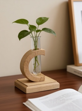 ins木质C形装饰摆件插花花瓶