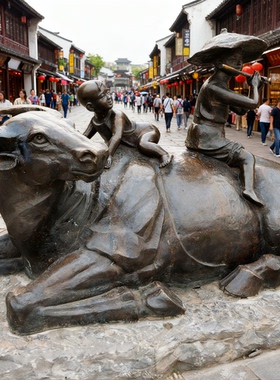 大型定制人物像绿化田园风牛拉车