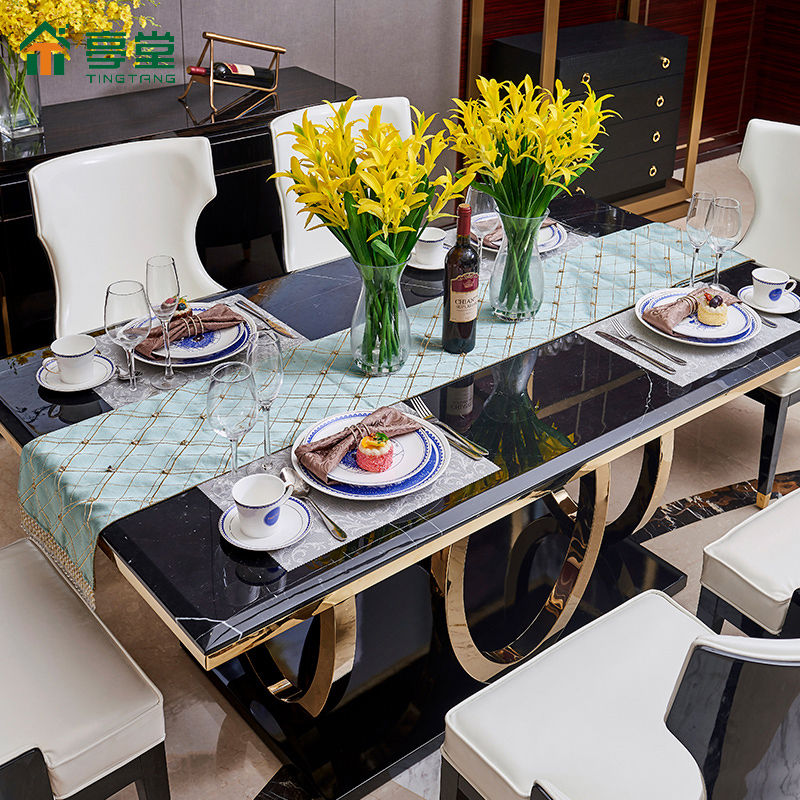 意式轻奢风大理石餐桌椅组合黑色家用长方形不锈钢现代简约高级感-图2