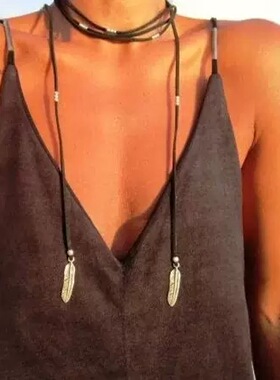 波西米亚复古vintage羽毛长项链