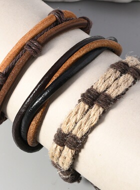 波西米亚复古编织牛皮手环套装