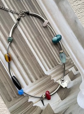 小众复古彩色异形石贝壳锁骨链女