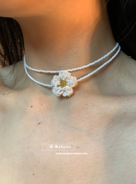 棠洛 立体多层奶油山茶花choker颈链春夏手作米珠锁骨链绕圈项链