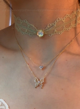 春日序曲 绿色蕾丝月光choker叠戴细闪蝴蝶锁骨链女小众颈链配饰