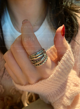 vintage复古做旧多层款戒指女麻花编织指环冷淡风金属食指戒指潮