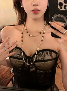 波西米亚 高级感粉香槟珍珠虎眼石项链长款秋冬小香风毛衣配饰潮