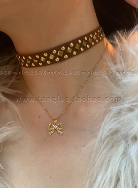 小众废土风叠戴项链女咖色锁骨链choker麂皮项圈波西米亚项链配饰