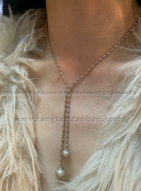 浅色香槟金珍珠吊坠锁骨链女y字流苏项链显脖子细长颈链日常百搭