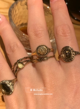 7件套 古堡秘境 vintage美式复古做旧戒指女古铜叠戴食指戒高级感