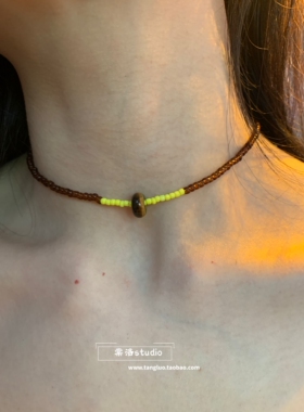 焦糖可可 虎眼石choker颈链女咖色串珠锁骨链简约高级感手作项链