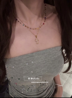 棠洛 柏林少女 复古彩色碎石锁骨链叠戴金色闪钻十字架项链女潮