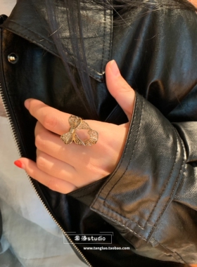 咖金色蕾丝飘带蝴蝶结戒指女小众独特食指戒指夸张指环高级感2026