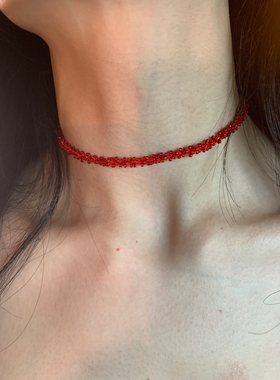 棠洛 长款绕脖高级感红色钉珠项链女显白y2k辣妹风小众配饰2025新