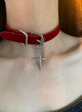 圣诞叮叮当 红色丝绒choker女皮带扣项圈小众个性亚文化辣妹颈圈