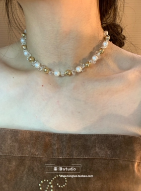 棠洛 vintage 金色圆球拼接水滴锁骨链女小众设计感复古百搭颈链