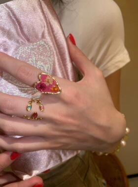 ins欧美风红色干花戒指女叠戴金色星芒食指戒指开口可调节辣妹戒