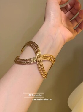 中古鎏金系列 金色轻奢高级感手镯女夸张复古宽手环欧美风手饰品
