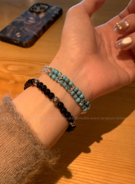 复古不对称绿松叠戴玛瑙串珠弹力手链女小众甜酷手串日常高级感潮
