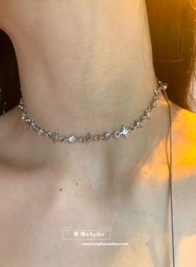 棠洛 抽拉式星芒锆石choker颈链女冷淡风银色锁骨链小众个性颈带