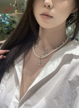 美高珍珠十字架叠戴项链女甜酷辣妹风高级感锁骨链日常精致百搭潮
