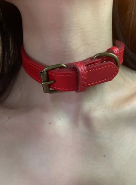 自制红色牛皮做旧皮带扣choker