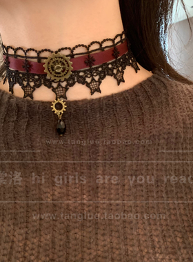 vintage 酒红蕾丝choker颈链女亚文化锁骨链颈带y2k洛丽塔项圈潮