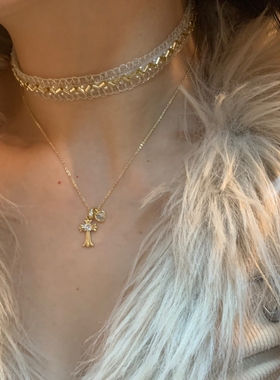 浅金色十字架叠戴choker颈链女小众欧美ins感多层项链日常百搭潮