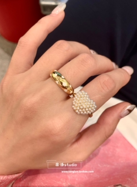 白色滴釉胖星星金色戒指叠戴爱心珍珠食指戒指欧美辣妹指环高级感